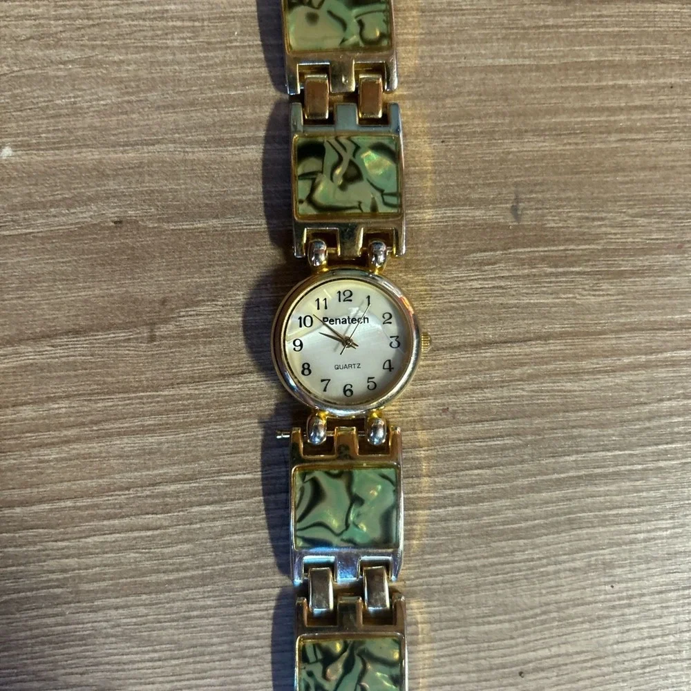 Penatech Quartz Watch Gold Tone Abalone Link Bracelet